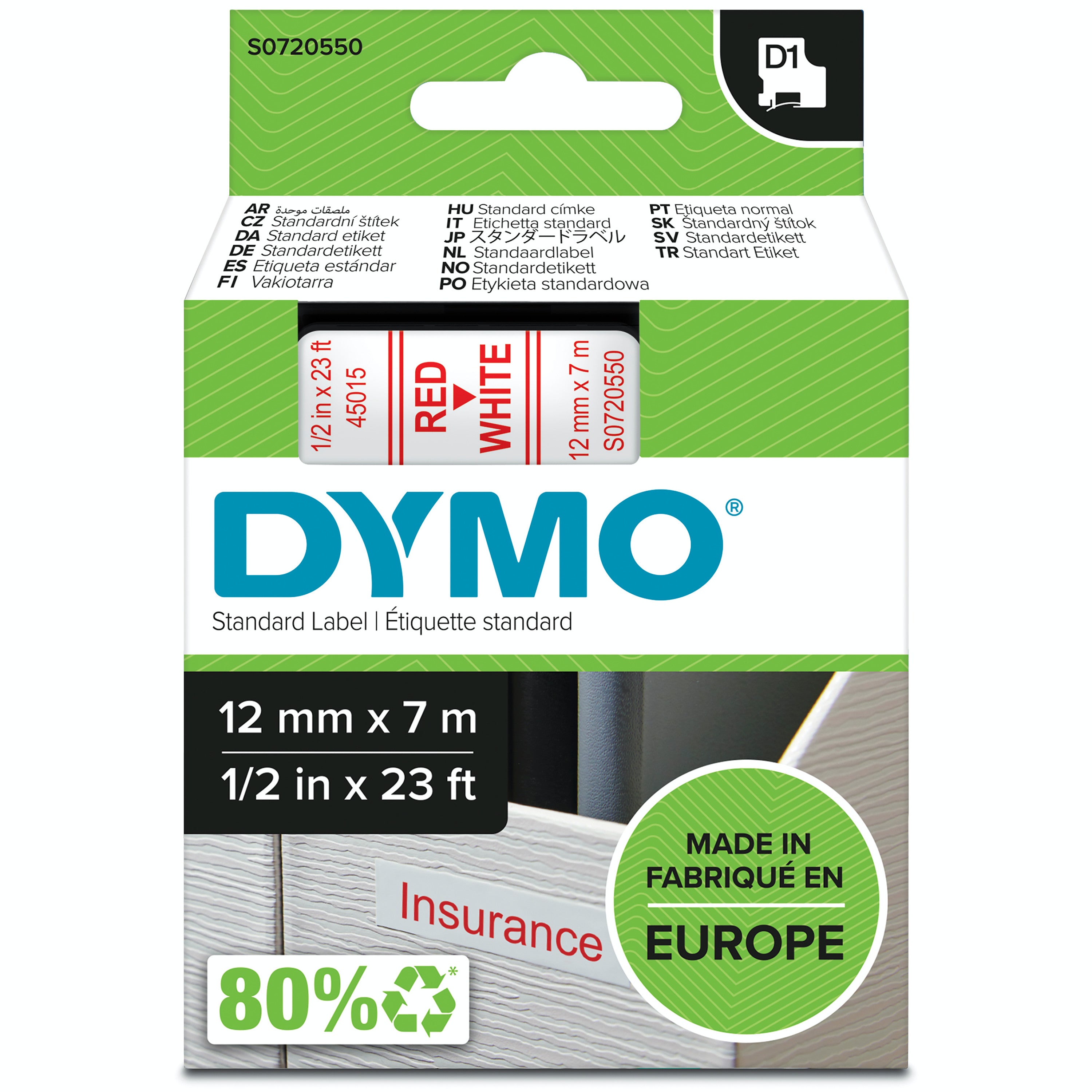 DYMOTAPE D1 12MMX7M RØD/HVID