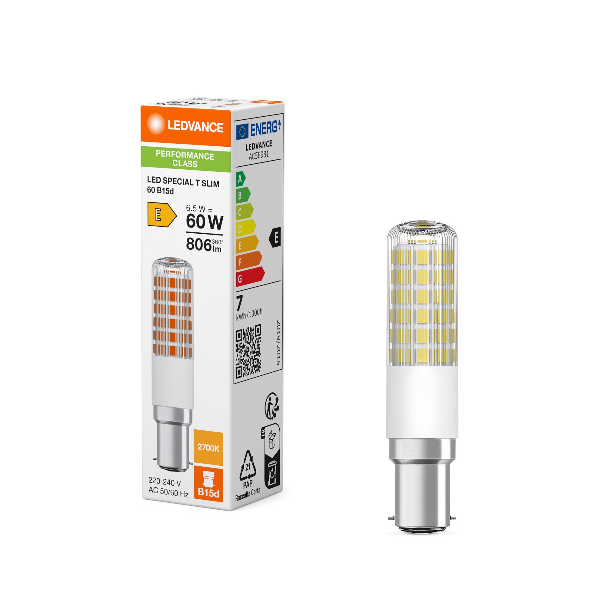 LED T SLIM KLAR 6,5W/827 (60W) B15D