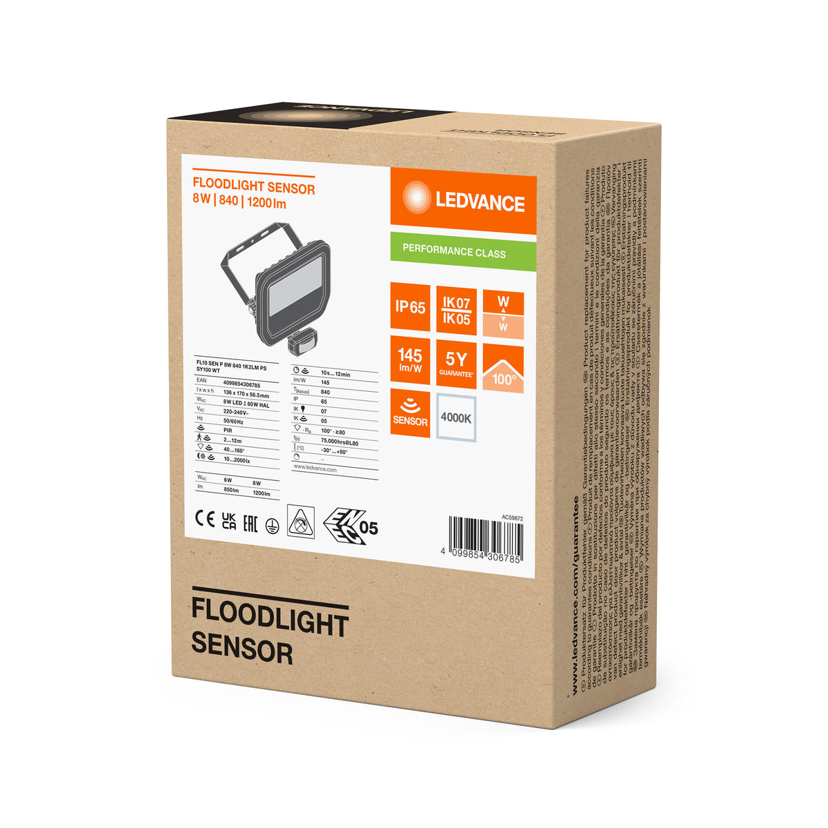 Ledvance Floodlight PFM multi lumen sensor 1200lm 8W/840 IP66 hv