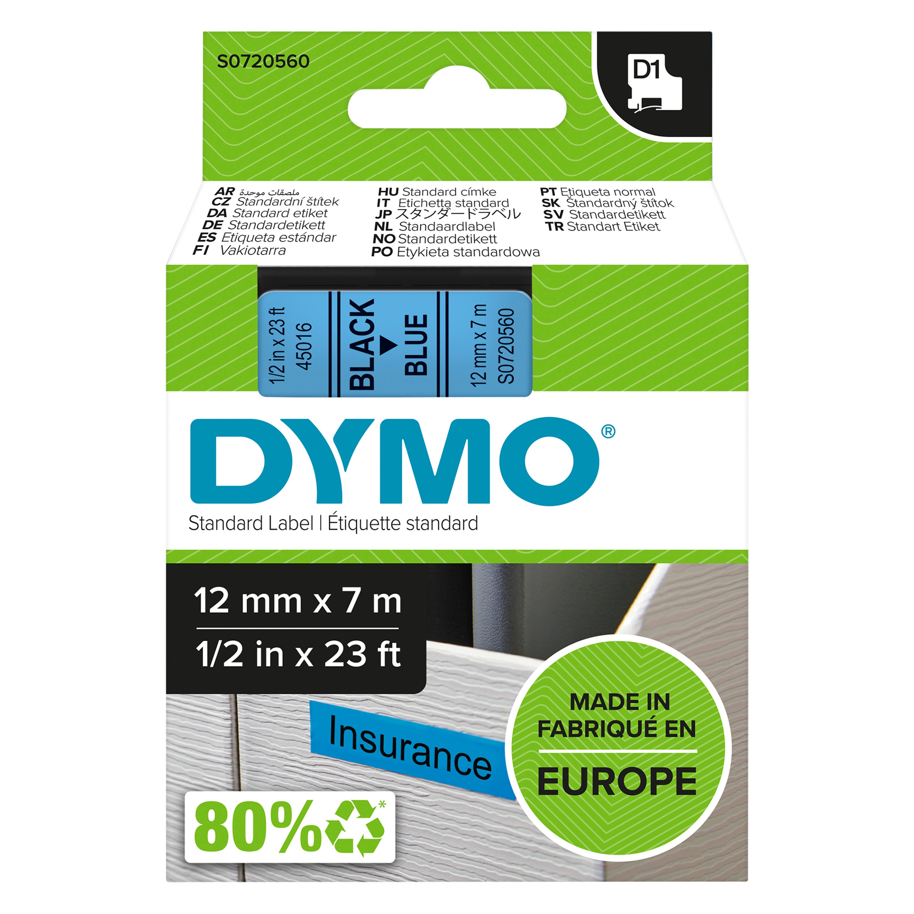 DYMOTAPE D1 12MMX7M SORT/BLÅ