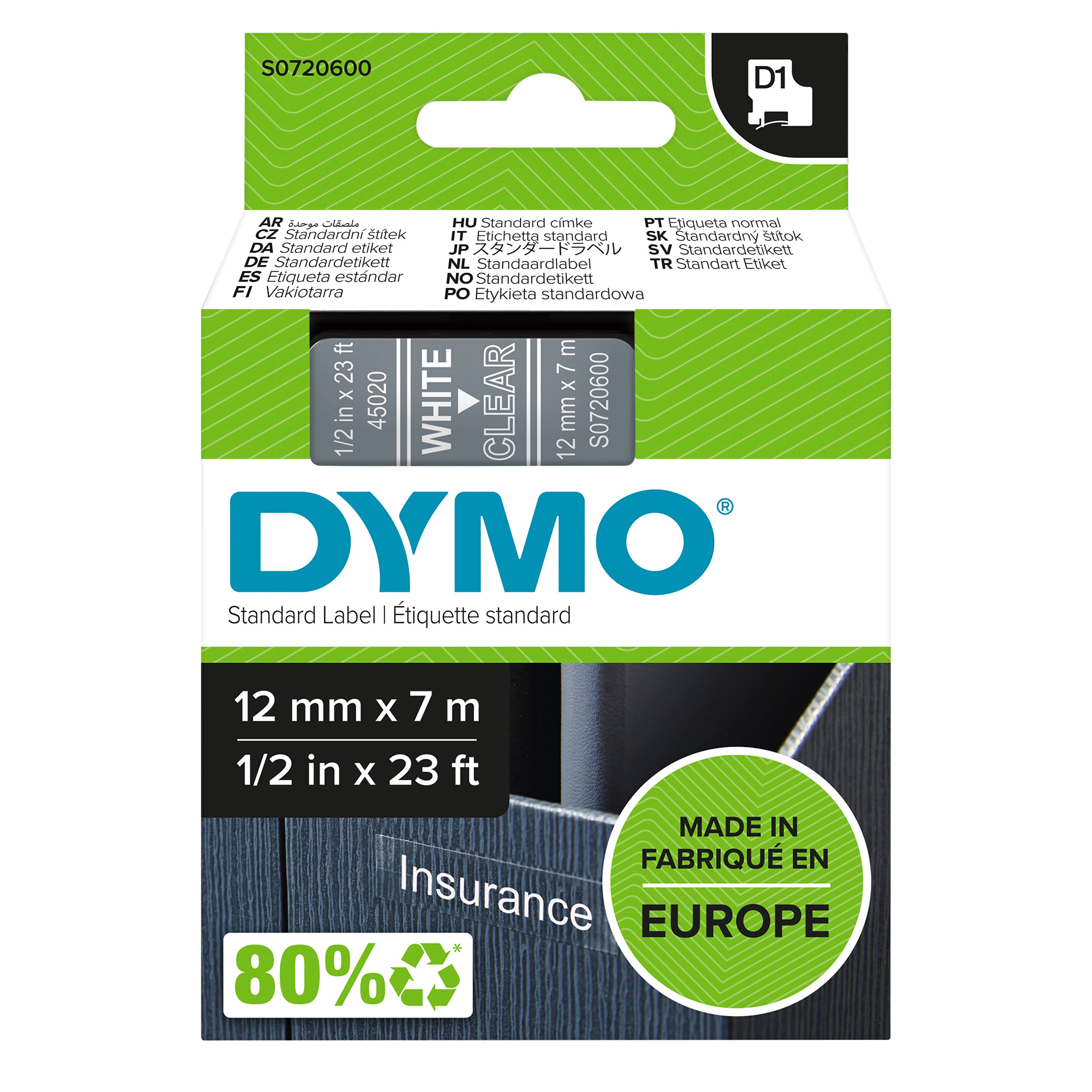DYMOTAPE D1 12MMX7M HVID/TRANSP