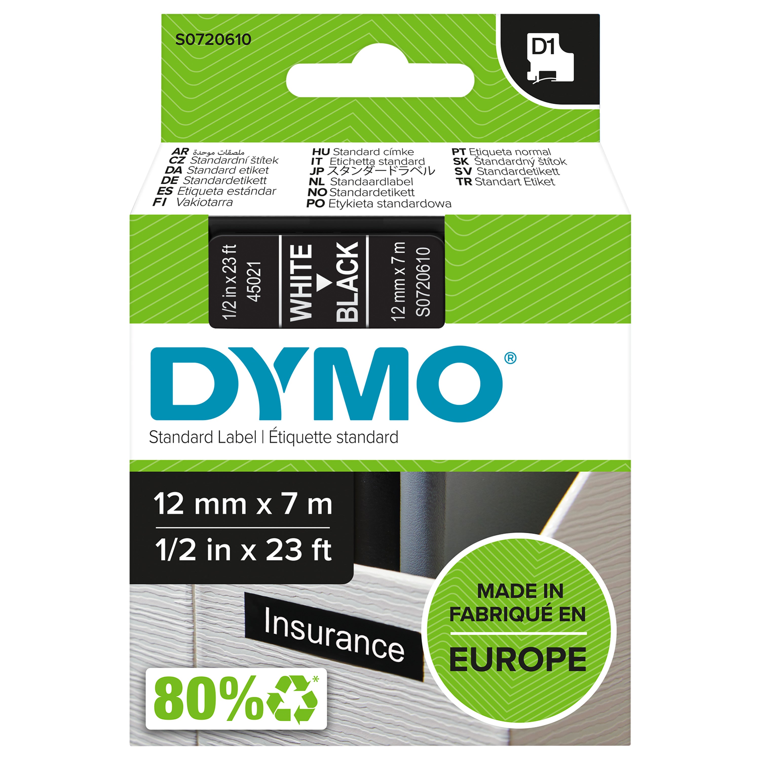 DYMO D1 tape hvid/sort 12mmx7m