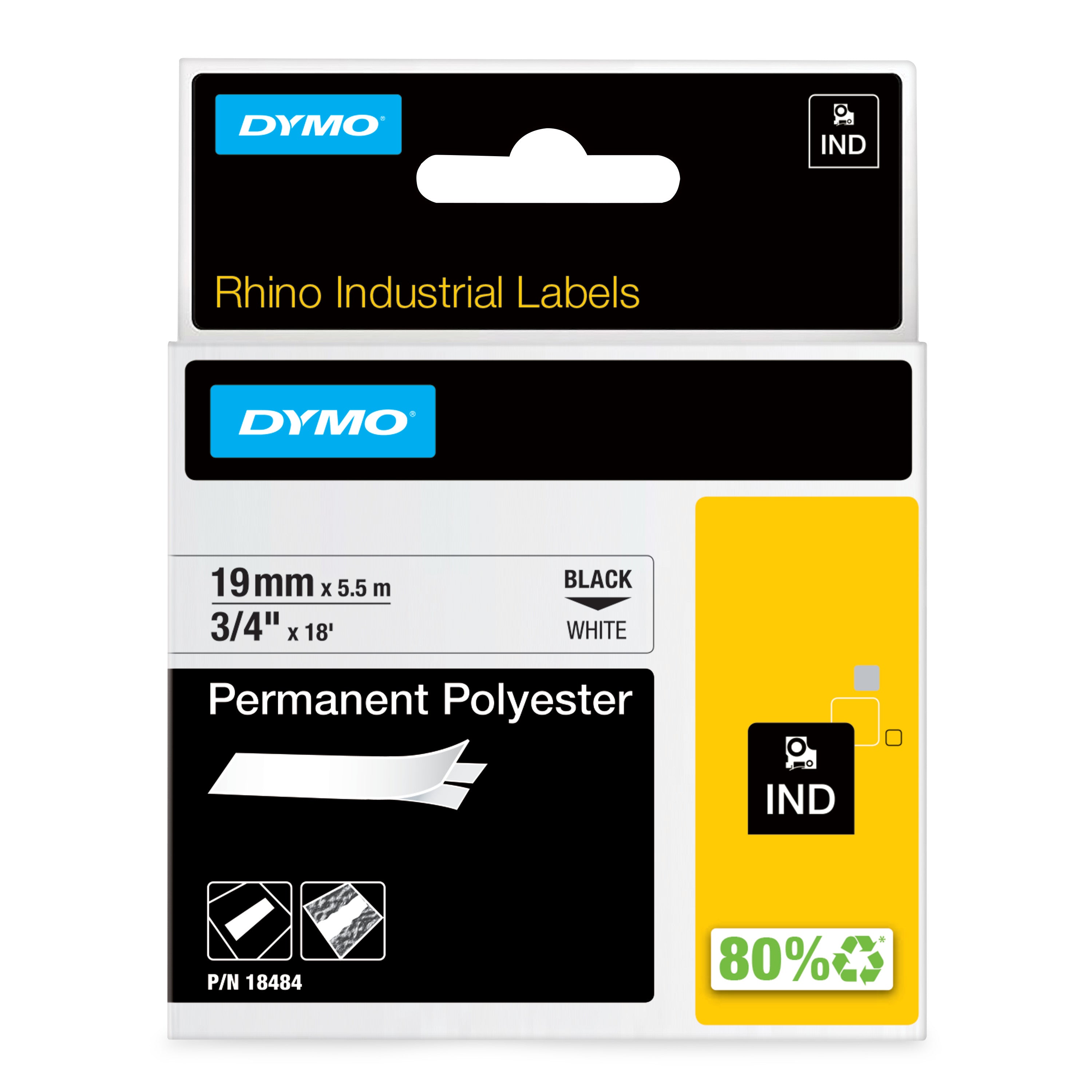 DYMO Rhino industri tape permanent polyester sort på hvid 19mmx5,5m