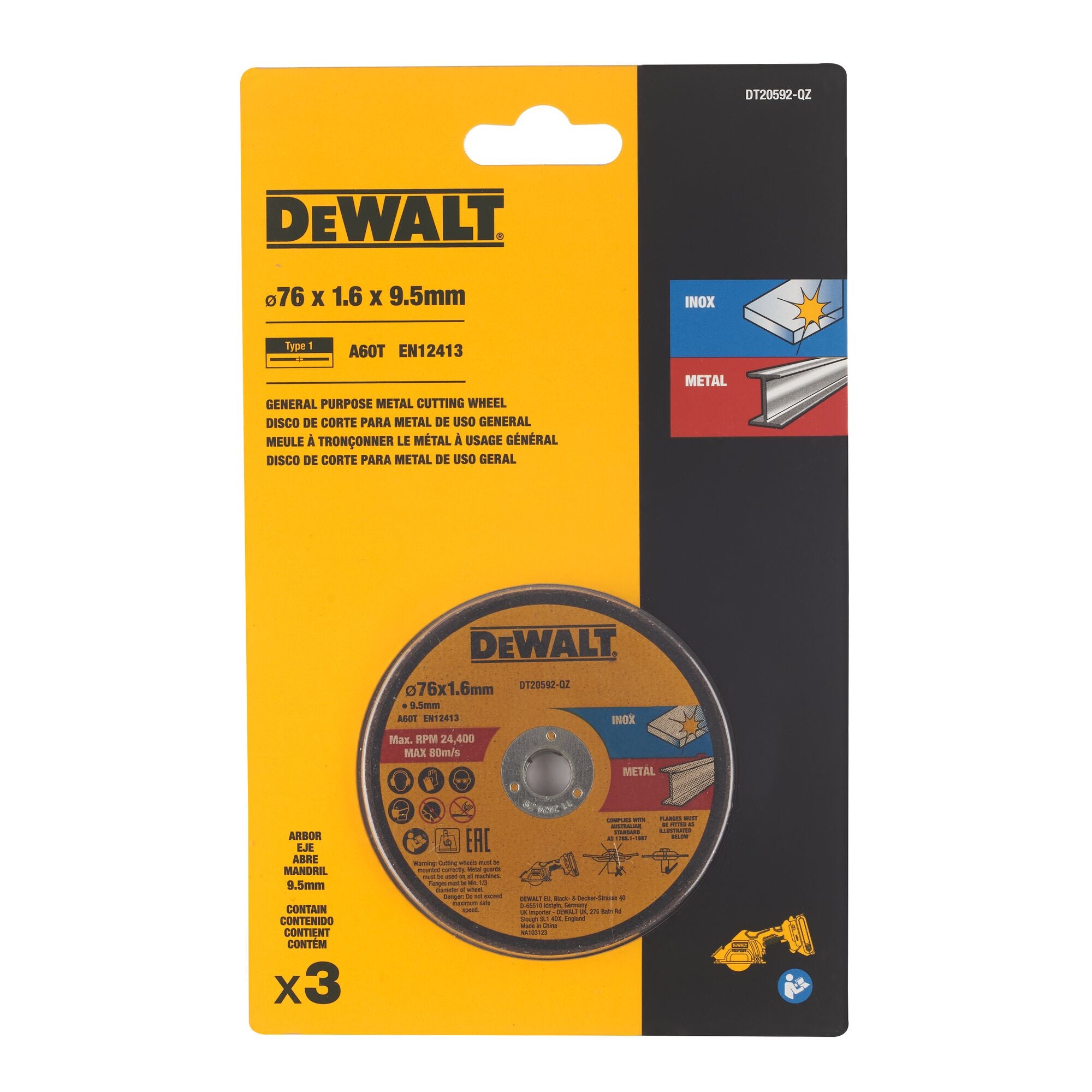 DEWALT skæreskive til INOX og metal, Ø76/10 mm x 1,6 mm, 3 stk.