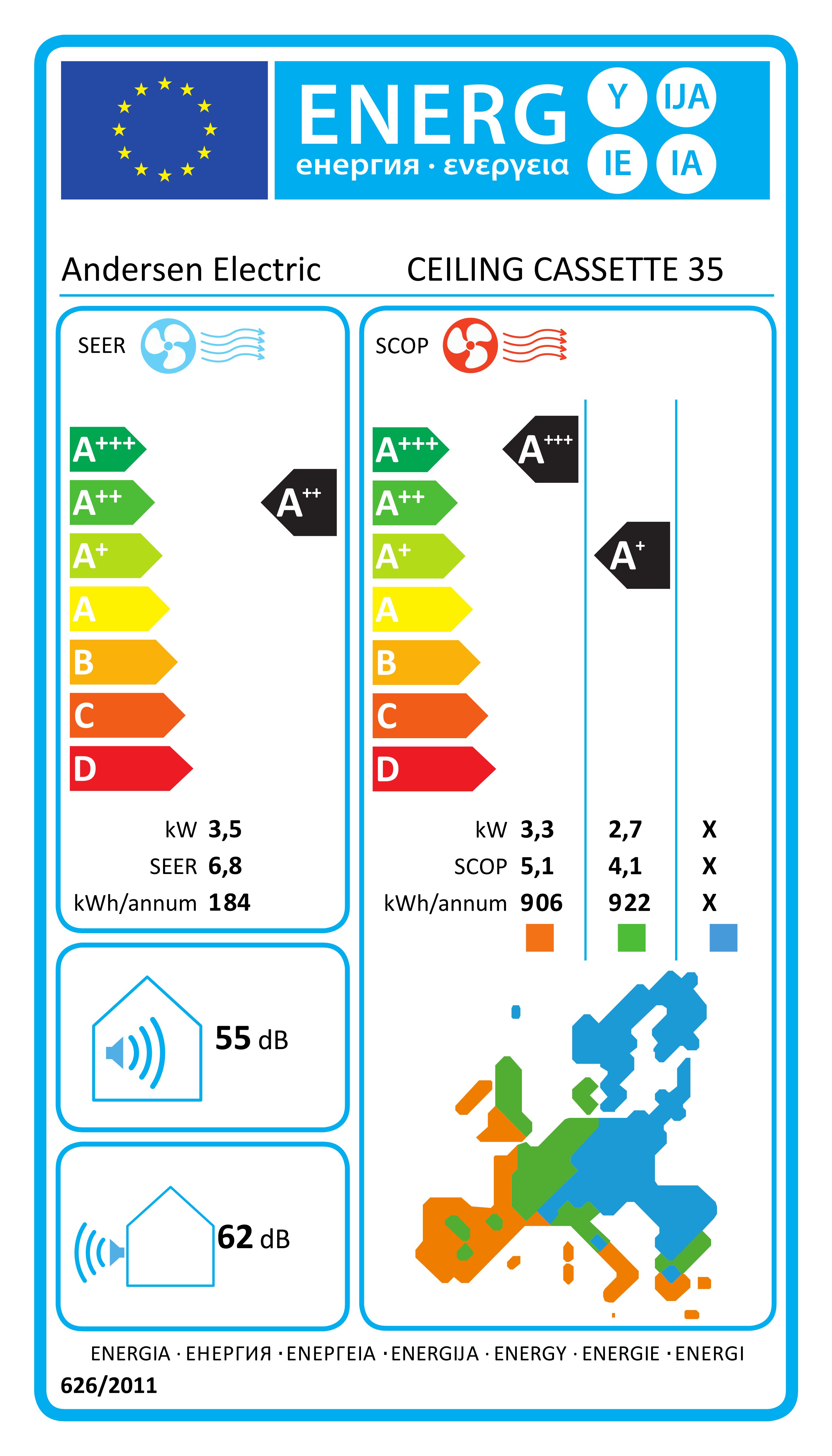 Varmepumpe/Aircondition Split kassette 35, indedel 4,34kW WiFi